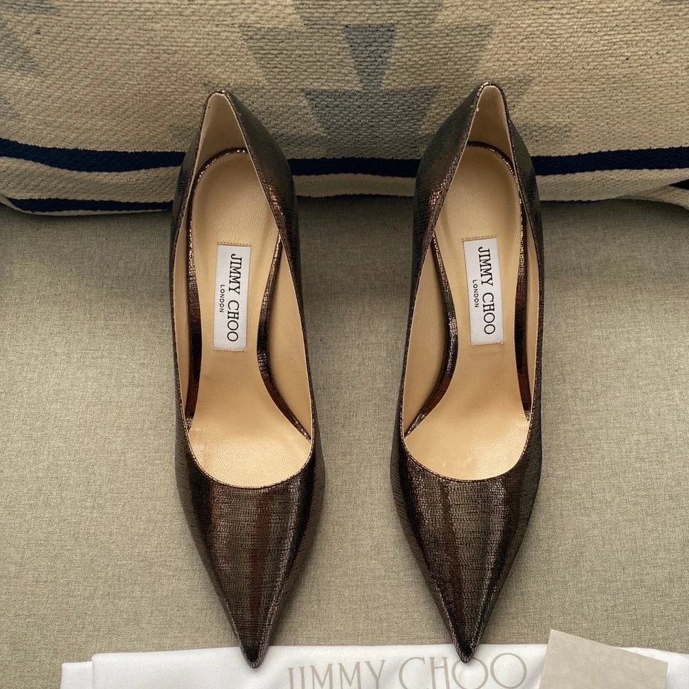 Jimmy Choo Metallic Bronze Pointed-Toe Stiletto Pumps - Picture 4 of 12